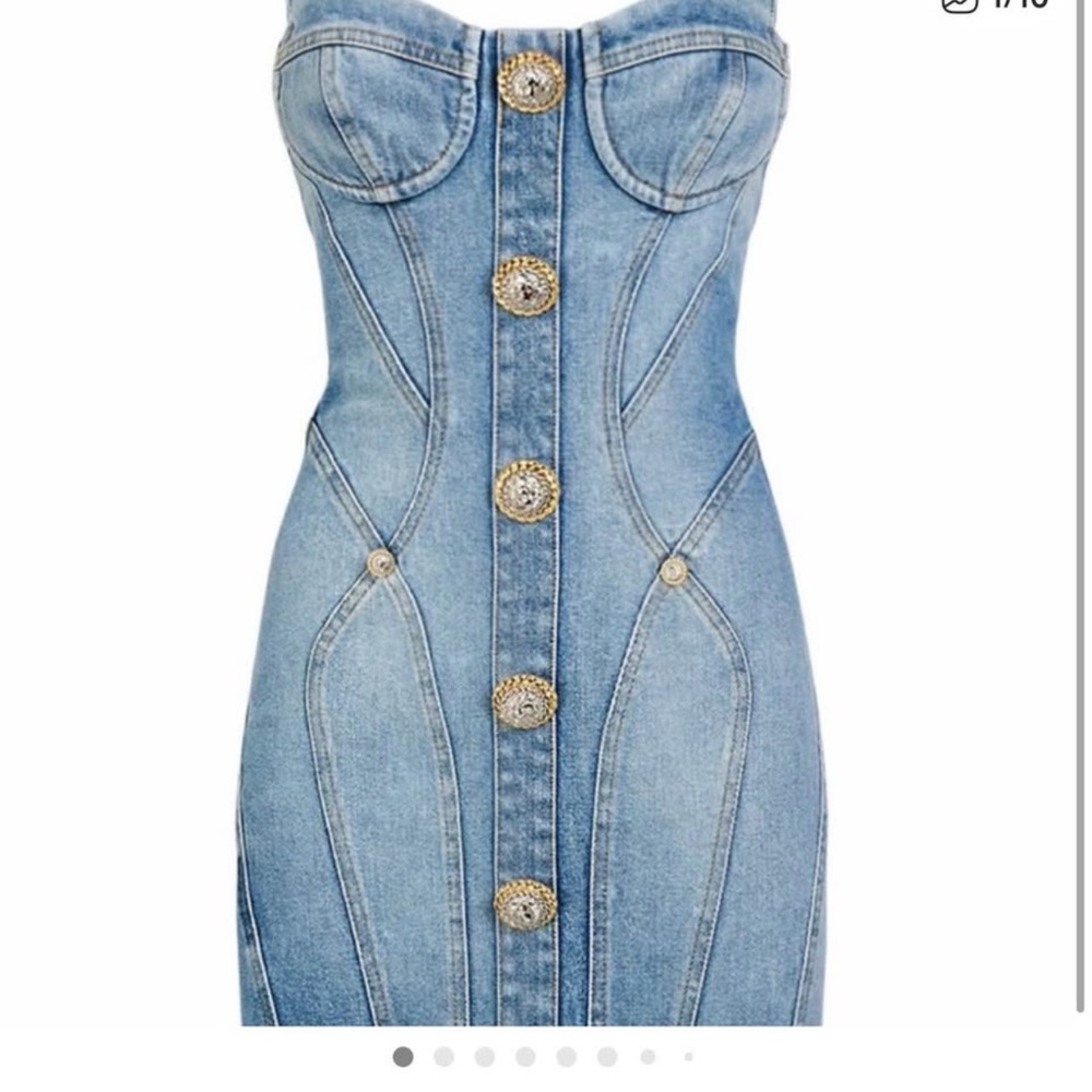 Balmain Light Blue Strapless Corset Denim Dress with Gold Buttons